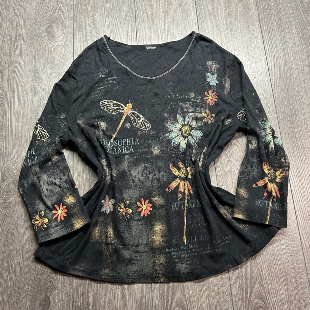 Y2K Botanical Dragonfly Graphic Print V-Neck Long Sleeve Ribbed Top Black Large